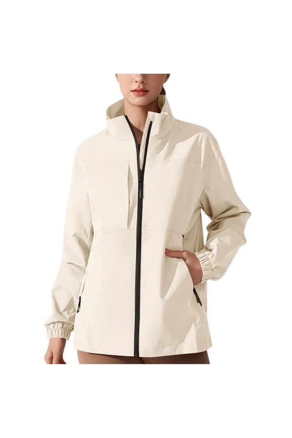 Women's Long Rain Jacket Long Sleeve with Ribbed Cuffs Stand-Collar Stylish Hoodless Jack Outdoor Raincoat Windbreaker White M-4XL