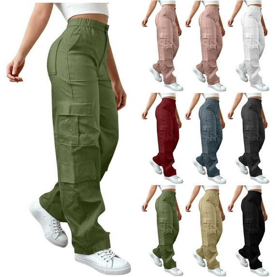 Gmluru Women's Lounge Pants Casual Solid Color Stretch Waist Button Zipper 6 Pockets Outdoor Hiking Overwear Sweatpants Workout Comfy Jogger Army Green S-2XL
