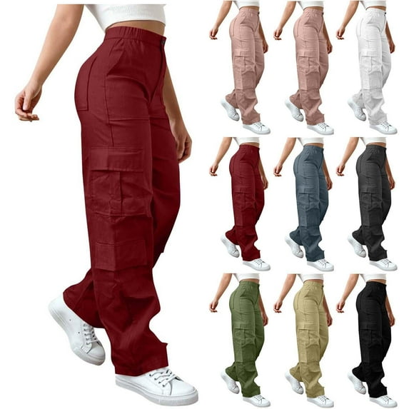 Gmluru Women's Pants Casual Solid Color Stretch Waist Button Zipper 6 Pockets Outdoor Hiking Overwear Trousers Wine S-2XL