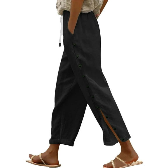 Gmluru Women's Pants Side Real Button Open Pocket Wide-Leg Solid Color Casual Elastic Tight Waist Loose (Capre Pants) Trousers Black S-2XL