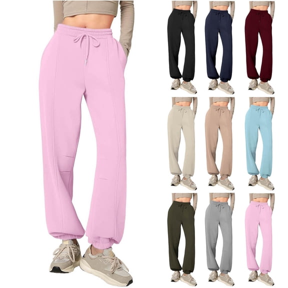 Gmluru Women's Pants Solid-Color Casual Sporty Style Pocket Elastic Waist Drawstring Comfortable Sweatpants Trousers Pink S-2XL