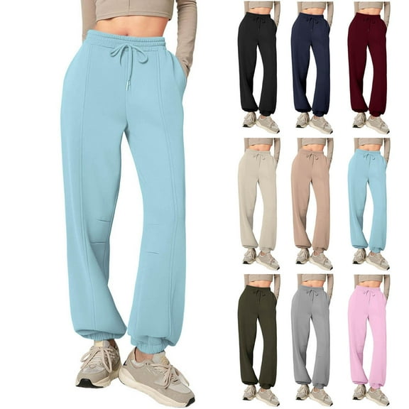 Gmluru Women's Pants Solid-Color Casual Sporty Style Pocket Elastic Waist Drawstring Comfortable Sweatpants Trousers Sky Blue S-2XL