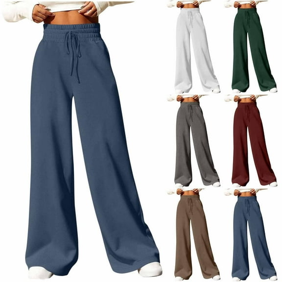 Gmluru Women's Pants Solid Color Casual Straight-Leg Loose Drawstring Waist-Tight Sweatpants Trousers Navy S-2XL