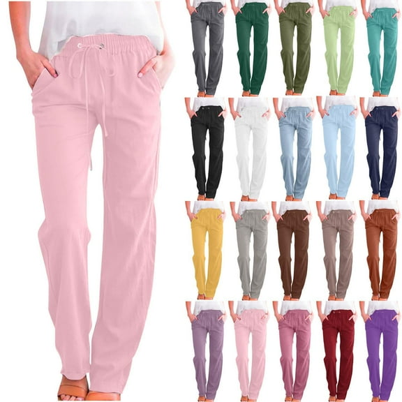 Gmluru Women's Pants Solid Color Drawstring Cotton And Linen Elastic Trousers with Pocket Stretch Loose Casual Jeans Pink S-3XL