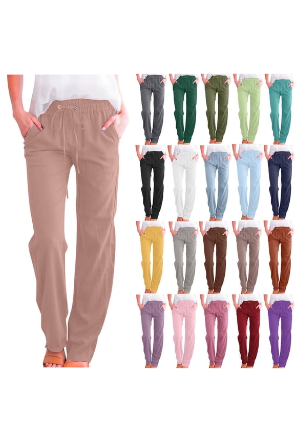 Women's Pants Solid Color Drawstring Cotton And Linen Elastic Trousers with Pocket Stretch Loose Casual Jeans Rose Gold S-3XL