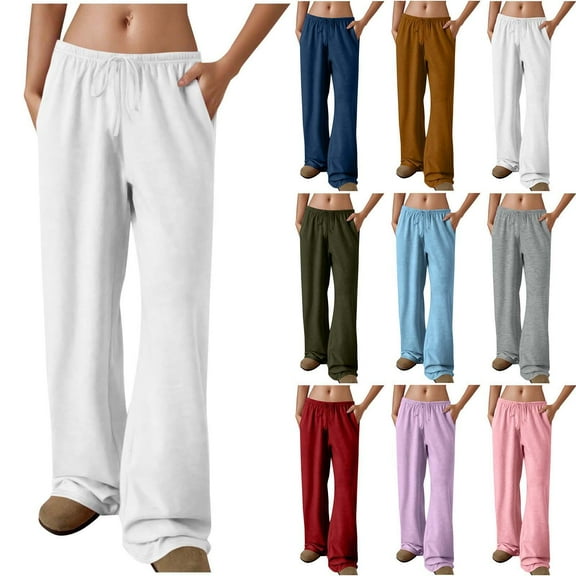 Gmluru Women's Pants Solid Color Drawstring Stretch Waist Wide Leg Sports Casual Pocket Trousers White S-2XL
