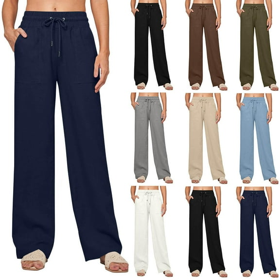 Gmluru Women's Pants Solid Color Elastic Waist Strap Drawstring Pocket Trousers Navy S-2XL