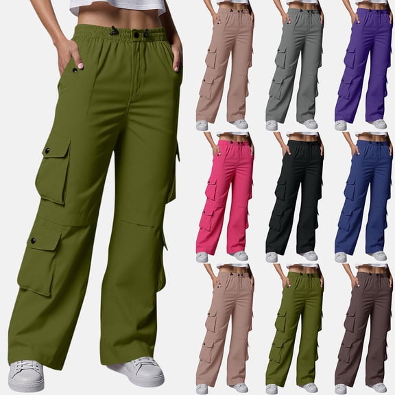 Gmluru Women's Pants Solid Color with Elastic Waist Clothes Pockets Full Length Stretch Loose Casual Sweatpants Army Green M
