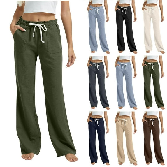 Gmluru Women's Pants White Drawstring Solid Color Elastic Waist Pocket Pants Trousers Army Green S-2XL
