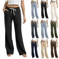 Gmluru Women's Pants White Drawstring Solid Color Elastic Waist Pocket Pants Trousers Black S-2XL