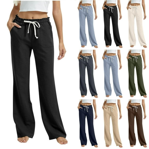 Gmluru Women's Pants White Drawstring Solid Color Elastic Waist Pocket Pants Trousers Black S-2XL