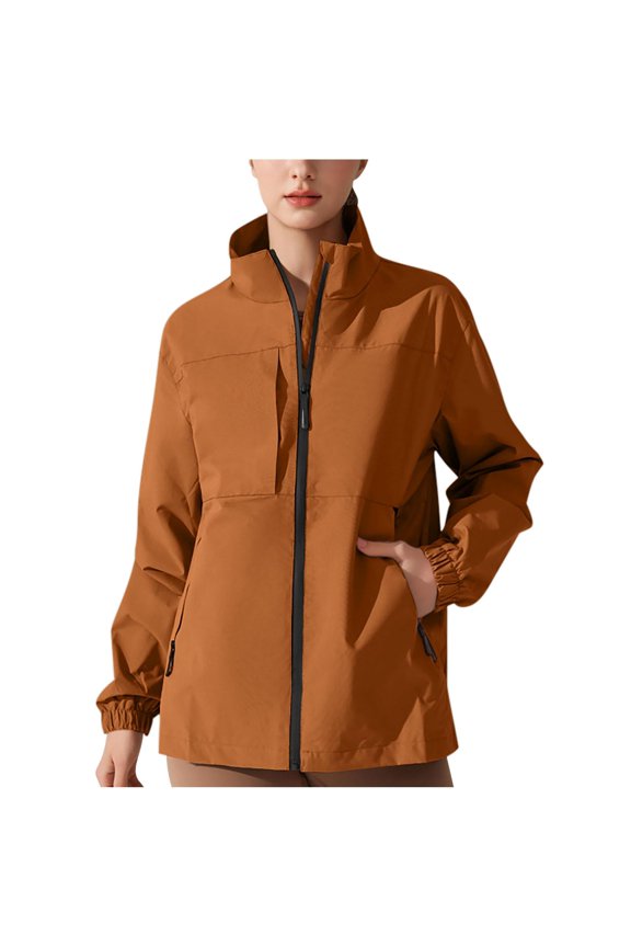 Women's Rain Jacket Long Sleeve with Ribbed Cuffs Stand-Collar Stylish Hoodless Jack Brown M-4XL