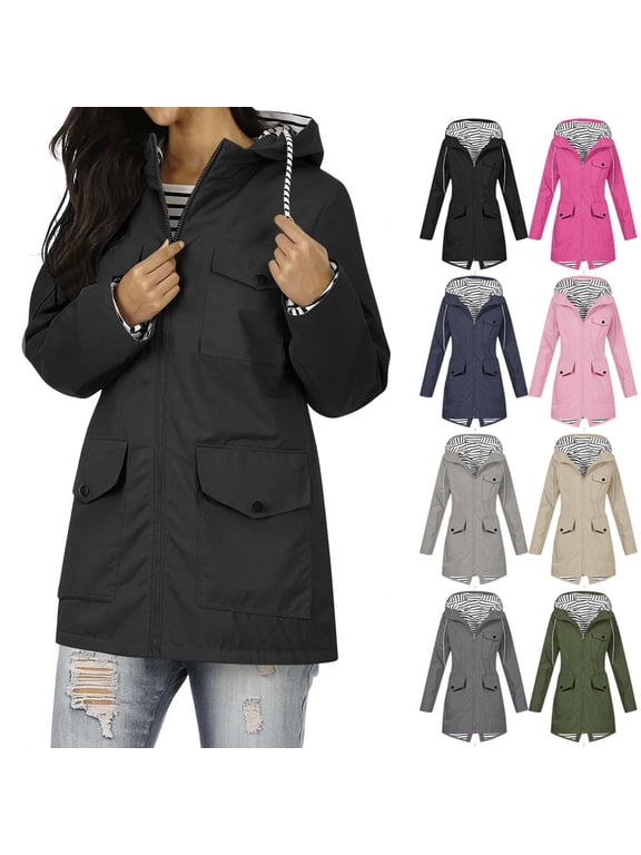 Women's Rain Jacket Solid Color 3 Large-Pocket Storm Jacket Newly Featured Waterproof Hooded Outdoor Black S-3XL