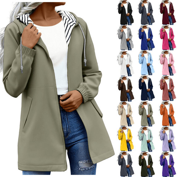 Gmluru Women's Rain Jacket Windproof Loose with Pocket Solid Color Fall And Winter Travel Jacket Green S-5XL