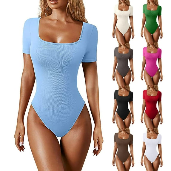 Gmluru Women's Shapewear Bodysuit Sexy Tight Fitting Casual Solid Yoga Jumpsuit Shorts Corset Sky Blue S-XL