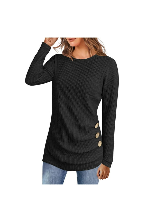 Women's Tops Dressy Business Casual Blouses Round Neck Ribbed & Brushed Layering Essential Tee Long Sleeve Solid Color Button Front Work Shirts Fall Clothes Black S-2XL