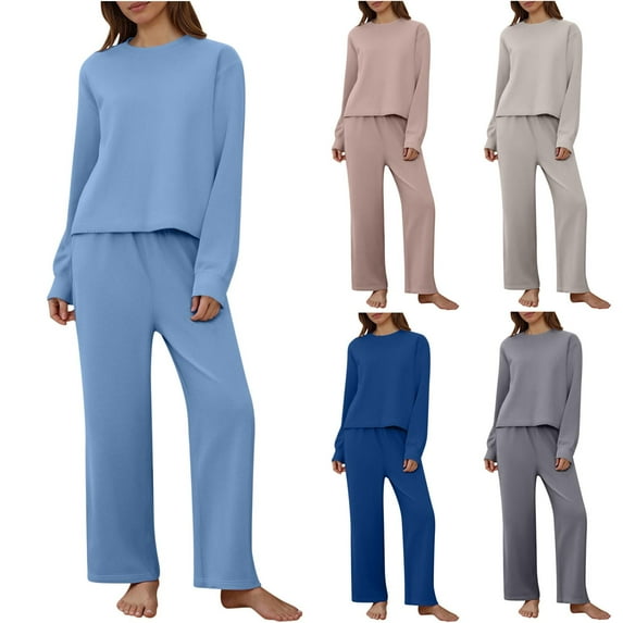 Gmluru Women's Two Piece Tracksuit Fall 2025 Solid Color Long Sleeved Comfortable Hooded Pants Home Clothing Set Plus Size Travel Clothes Tracksuit Sky Blue M