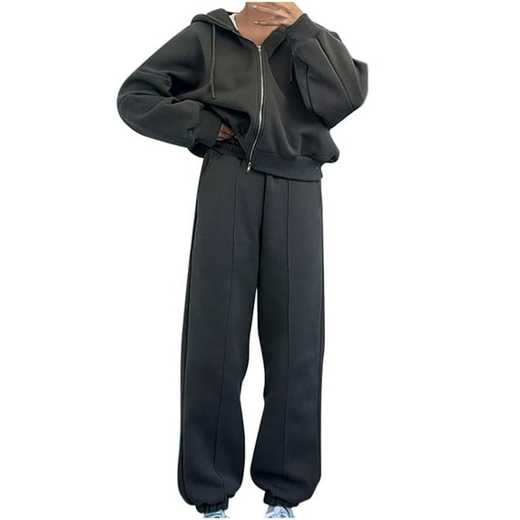 Gmluru Women's Two Piece Tracksuit Fall 2025 Solid Color Zipper Round Neck Long Sleeved Hooded Sweatshirt Long Pants Set Plus Size Travel Clothes Tracksuit Dark Gray L