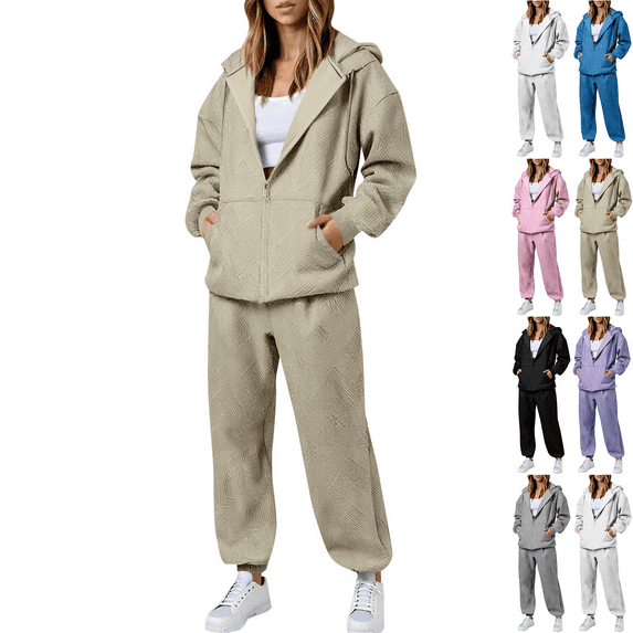 Gmluru Women's Two Piece Tracksuit Fall 2025 Solid Color Zippered Cardigan Sweater Straight Leg Pants Set Plus Size Travel Clothes Tracksuit Beige 2XL