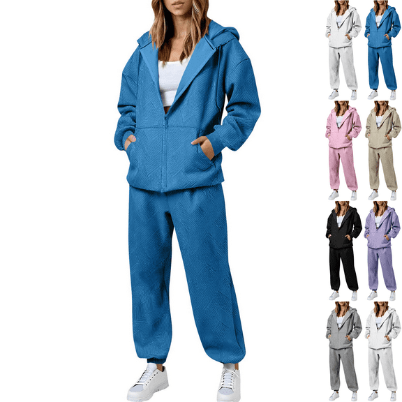 Gmluru Women's Two Piece Tracksuit Fall 2025 Solid Color Zippered Cardigan Sweater Straight Leg Pants Set Plus Size Travel Clothes Tracksuit Blue 2XL
