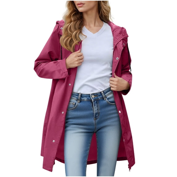 Gmluru Women's Waterproof Long Hooded Long Sleeve Windproof Button Pocket Daily Spring And Winter Travel Jacket Pink S-2XL