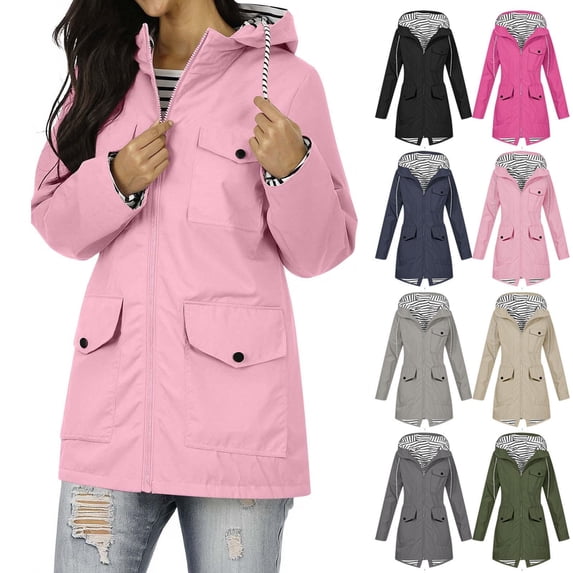 Gmluru Women's Waterproof Long Hooded Solid Color 3 Large-Pocket Storm Jacket Newly Featured Waterproof Hooded Outdoor Travel Jacket Pink S-3XL