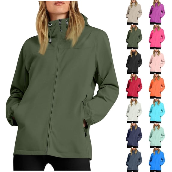 Gmluru Women's Waterproof Long Hooded Velcro Cuffs Waterproof Hooded Pocket Zipper Jacket Outdoor Mountaineering Clothing Sports Jacket Travel Jacket Army Green S-3XL