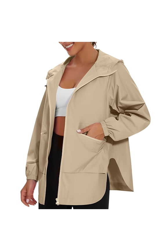 Women's Waterproof Long Hooded Windproof Solid Color Pocket Casual Daily Outwear Spring And Winter Travel Jacket Beige S-2XL