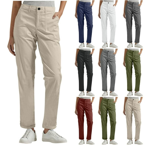 Gmluru Women's Wide Leg Pants Elastic Waist Solid Color Buttons Comfortable And Casual Cargo Belt Pockets Trousers Business Work Casual Pants Beige S-5XL