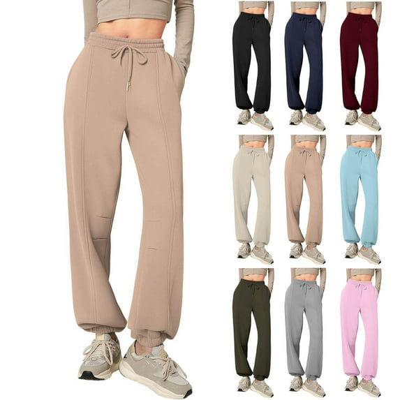 Gmluru Women's Wide Leg Pants Solid-Color Casual Sporty Style Pocket Elastic Waist Drawstring Comfortable Sweatpants Trousers Business Work Casual Pants Khaki S-2XL
