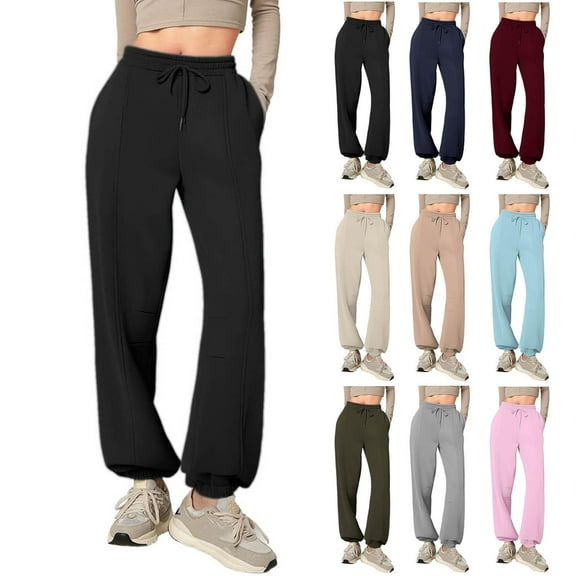 Gmluru Women's Wide Leg Pants Solid-Color Casual Sporty Style Pocket Elastic Waist Drawstring Comfortable Sweatpants Trousers Business Work Casual Pants Black S-2XL
