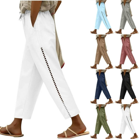 Gmluru Women's Wide Leg Pants Solid-Color Elastic Belt Pocket Side Cutout(Capre Pants) Trousers Business Work Casual Pants White S-2XL