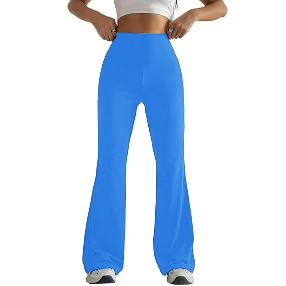 Gmluru Women's Yoga Pants Blue Solid Color Tight Fitting Hip Shaping Flared Workout Pants Tummy Control S
