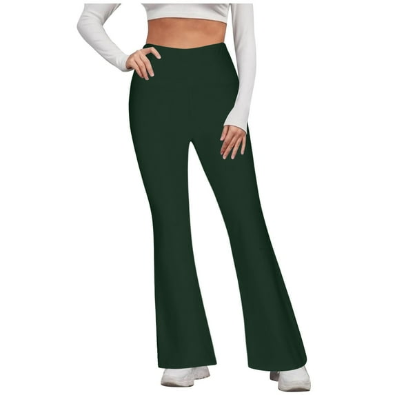 Gmluru Women's Yoga Pants Green Solid Color Tight Fitting Hip Shaping Flared Workout Pants Tummy Control 2XL