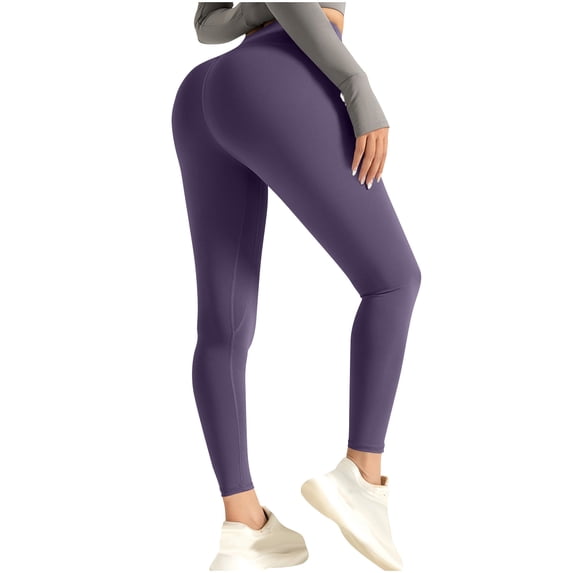 Gmluru Women's Yoga Pants Purple Long Solid Color Hip Lift Fitness High Waist Elastic Exercise Workout Pants Tummy Control 2XL