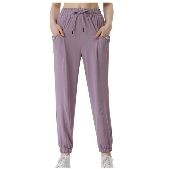 Gmluru Women's Yoga Pants Purple Solid Color Fallow Ventilate Lace-up Pocket Elastic Exercise Running Workout Pants Tummy Control XL