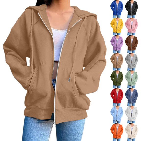 Gmluru Womens 2025 Hoodies Blouse Long Sleeve Pockets Hoodied Hooded Sweatshirt Khaki S