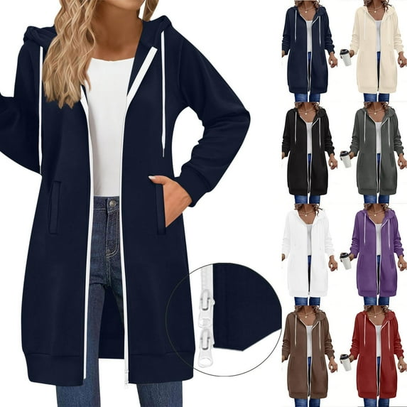 Gmluru Womens 2025 Hoodies Loose Solid Color Pocket Long Sleeved Double Zipper Hooded Sweatshirt Navy M
