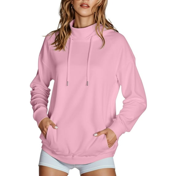 Gmluru Womens 2025 Hoodies Vertical Collar Solid Color Long Sleeved Loose Top Hooded Pullover Sweatshirt Pink S-2XL