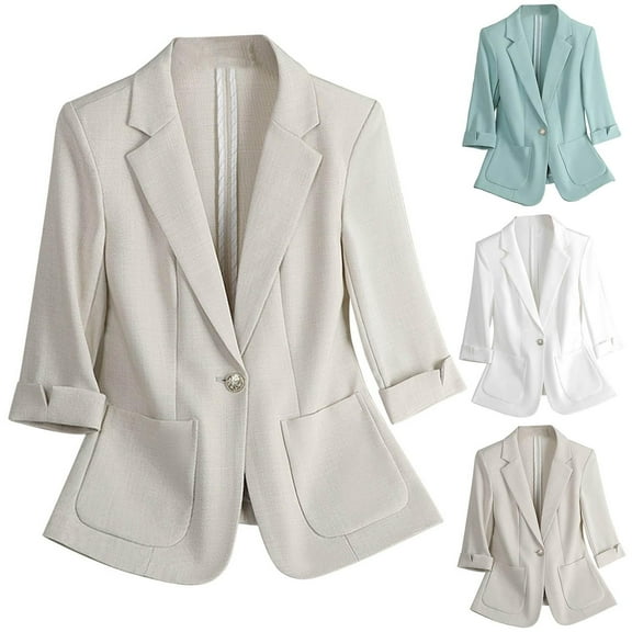 Gmluru Womens Blazers Beige Solid Color Lapel Button Elegant Suit Jacket Business Casual S-3XL