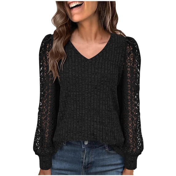 Gmluru Womens Blouses Lace Trim V-Neck Long Sleeve Solid Color Pullover Plus Size Basic Tops Black S-2XL