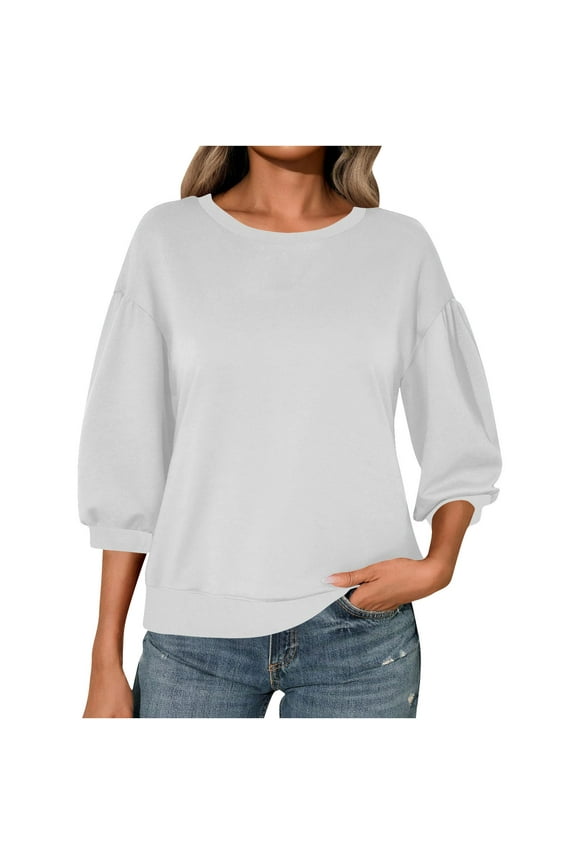 Womens Blouses Three-Quarter Sleeve Solid Color Round Neck Drop Shoulder Loose Plus Size Basic Tops White S-2XL