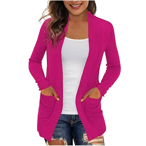 Gmluru Womens Cardigan Casual Long Sleeve Solid Pocket Ladies Blouse Coat Outwear Jacket Hot Pink Outfits Fall Fashion 2025 Clothing M