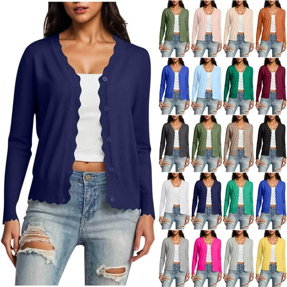 Gmluru Womens Cardigan Long Sleeve V-Neck Short Solid Color Knitted Button Hoodless Casual Outwear Dark Blue Outfits Fall Fashion 2025 Clothing 2XL