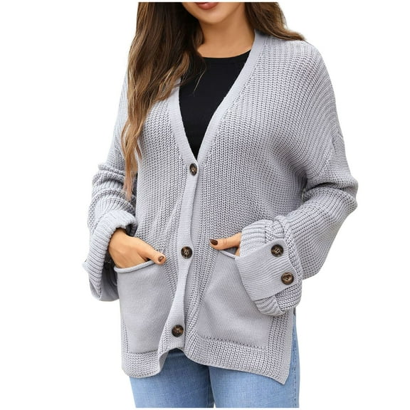 Gmluru Womens Cardigan Striped Patchwork Casual Solid Color Pocket Button Sweater Sweater Top Gray Outfits Fall Fashion 2025 Clothing L