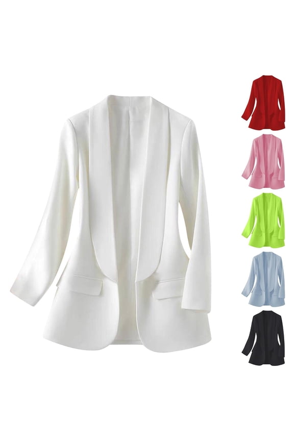 Womens Casual Blazers White Solid Color Long Sleeve Lapel Real Pocket Suit Jacket Lightweight Suit S-3XL