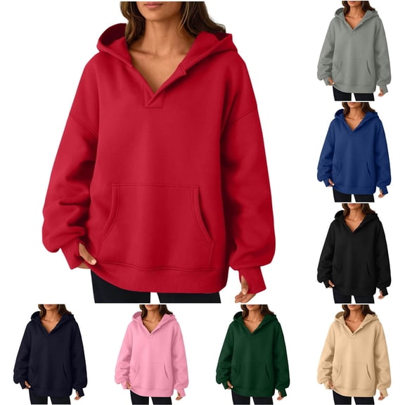 Gmluru Womens Hoodies Oversized Sweatshirts Fall Loose Solid Blouses V-Neck Long Sleeved Fashion Outfits Casual Jackets Red S-2XL