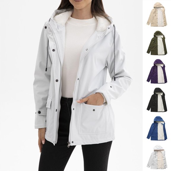 Gmluru Womens Oversized Jacket Solid Color Button Pocket Long Sleeved Zipper Hooded Casual Outwear 2025 Winter Fashion Clothes White S-3XL