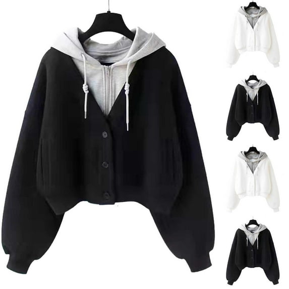 Gmluru Womens Oversized Jacket Solid Color Velvet Long Sleeved Zipper Cardigan Pocket Hooded Fake Two-Piece Hoodie Top 2025 Winter Fashion Clothes Black M