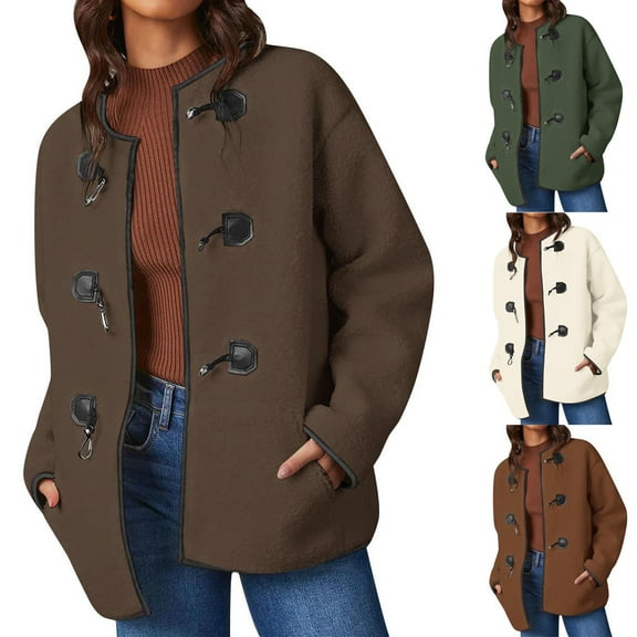 Gmluru Womens Oversized Jacket Solid Faux Long Sleeve Round Neck Pockets Fleece Casual Trendy Outerwear 2025 Winter Fashion Clothes Coffee S-2XL